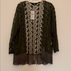 Olive green embroidered kimono with fringe